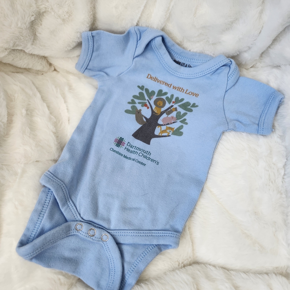 Blue Baby Bodysuit with Tree and Animal Design